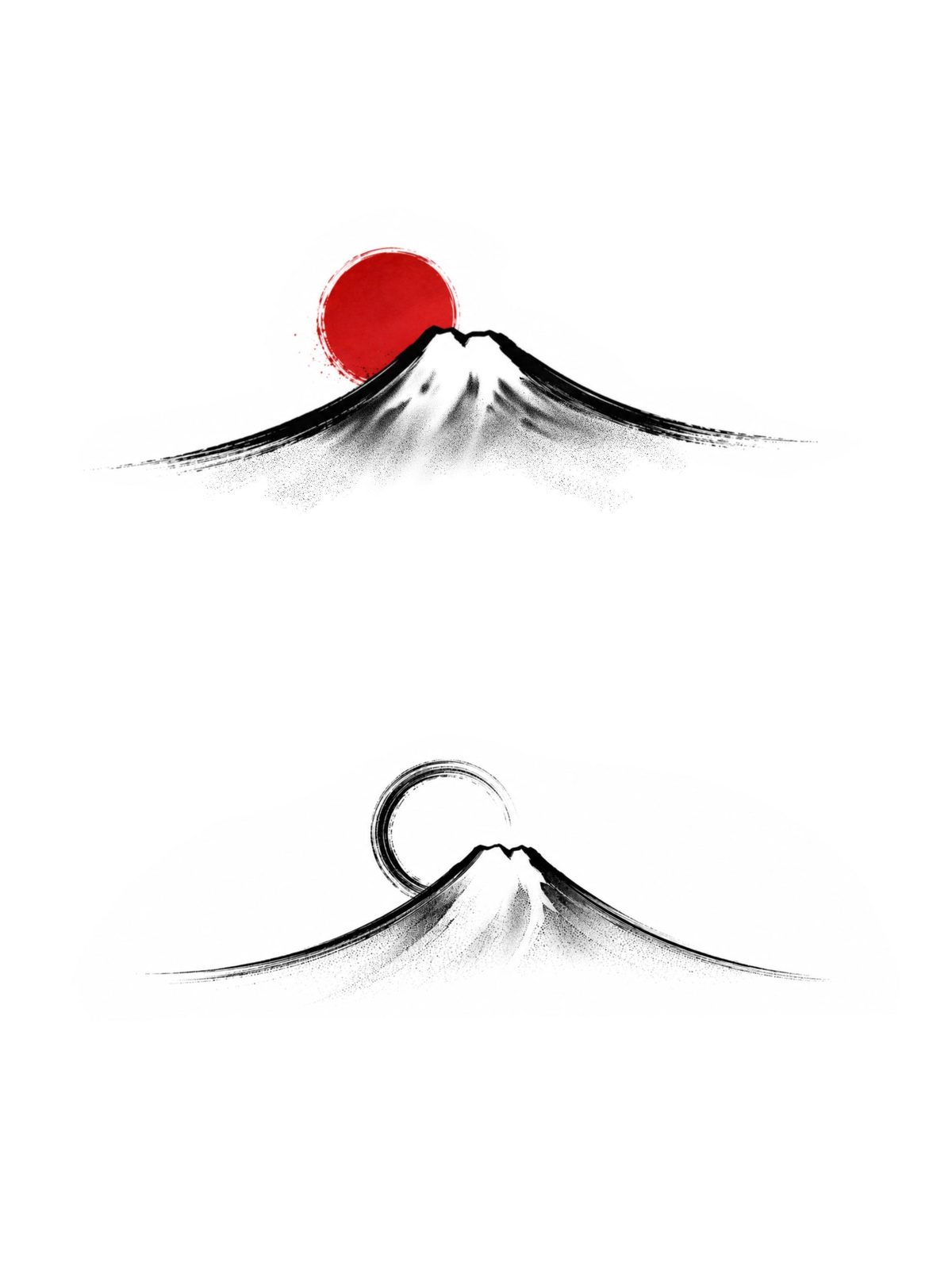 sumi-e: Monte Fuji con sole rosso e cerchio enso, inchiostro su bianco